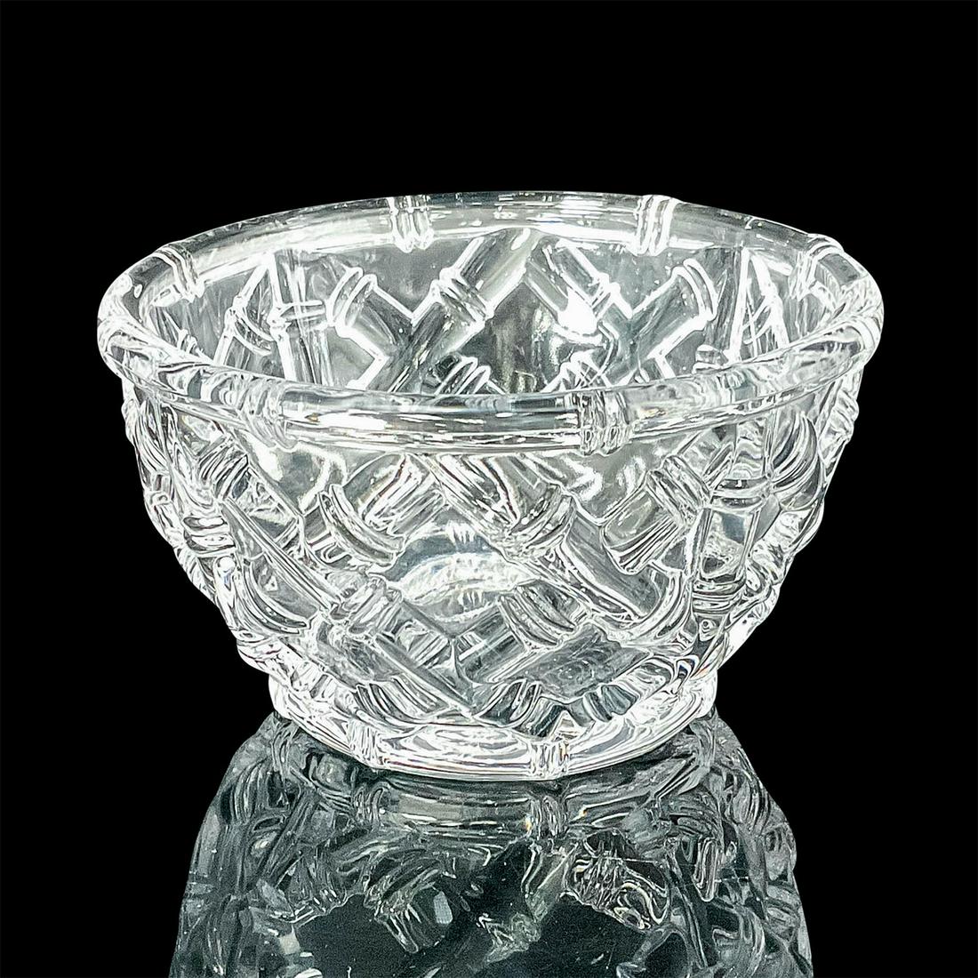 Tiffany and Co Round Crystal Bowl Bamboo Motif: Crystal bowl with raised bamboo design. Etched Tiffany & Co. on bottom. Dimensions: 3.5"H x 6.25"Dia. Manufacturer: Tiffany & Co Country of Origin: United States