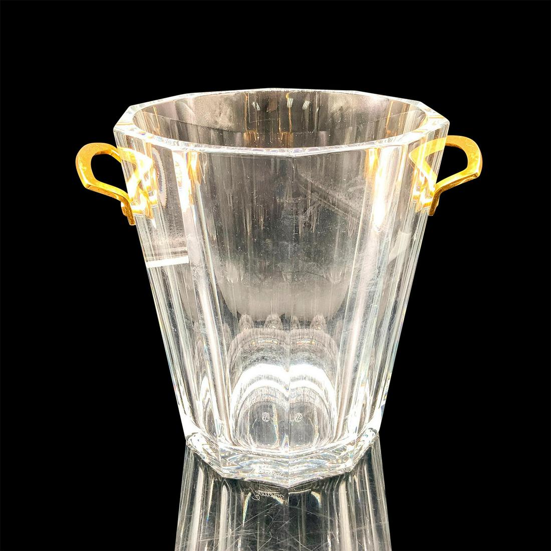 Baccarat Crystal Champagne Bucket with Handles, Maxim: With two gold tone handles. Baccarat acid mark. Dimensions: 7.5"L x 9.75"W x 9"H Manufacturer: Baccarat Country of Origin: France