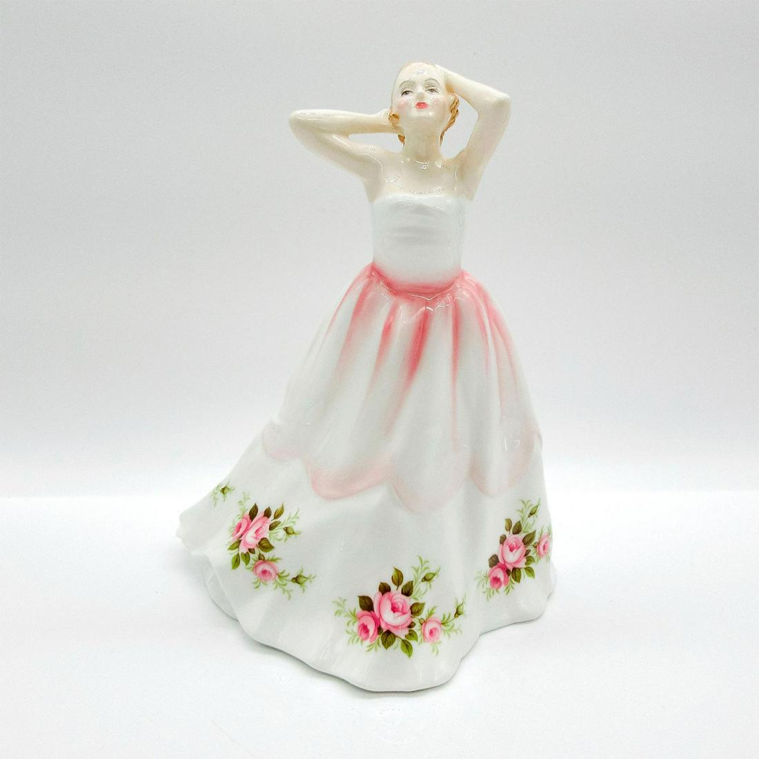 Claire HN3209 - Royal Doulton Figurine: Lady in pastel pink and white dress with pink rose pattern accents. Royal Doulton backstamp. #doulton Artist: Adrian Hughes Issued: 1990-1992 Dimensions: 8.5"H Manufacturer: Royal Doulton Country