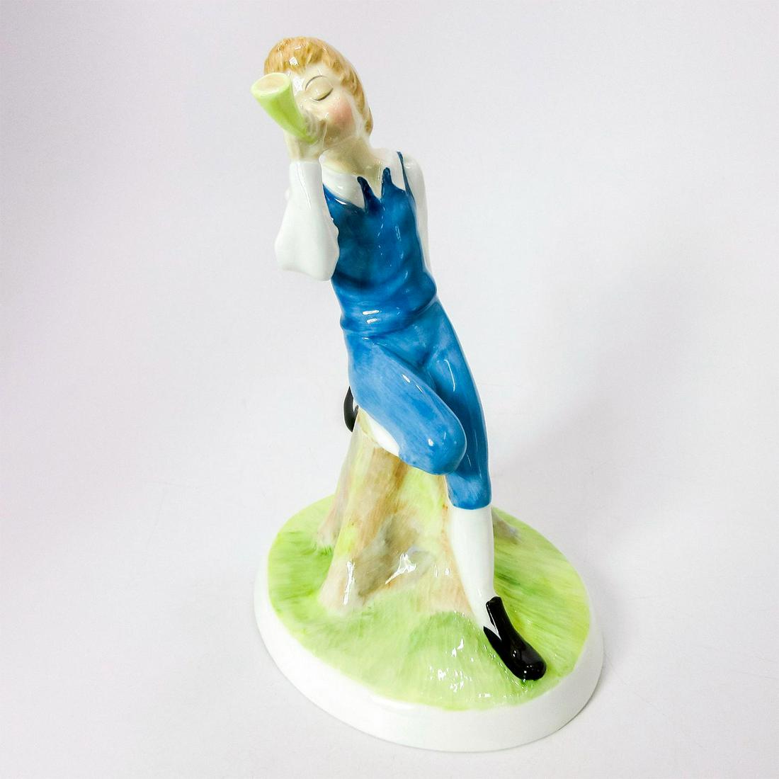 Little Boy Blue HN3035 - Royal Doulton Figurine: Nursery Rhymes Series Two. Boy in blue pants and vest; playing a musical instrument. Royal Doutlon backstamp. Artist: Amanda Hughes Issued: 1984 - 1987 Dimensions: 7.75"H Manufacturer: Royal Doulton