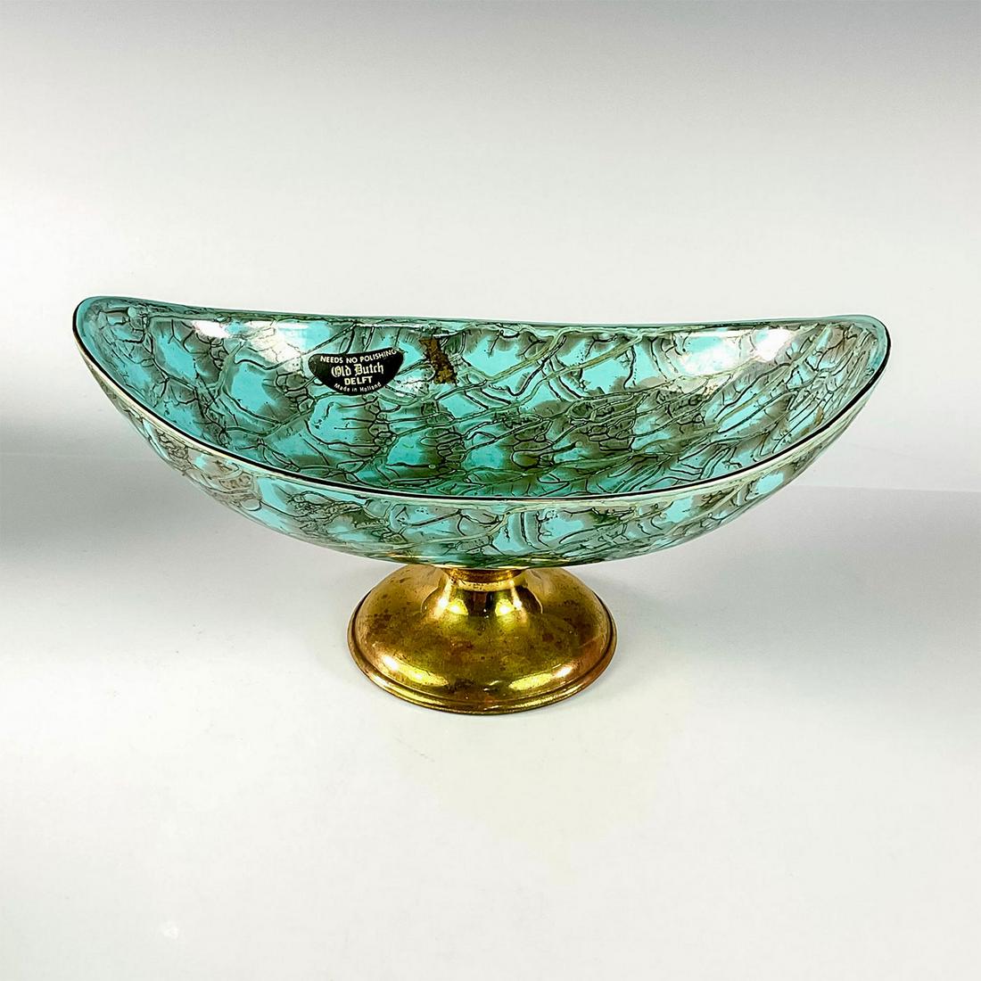 Vintage Old Dutch Delft Brass Accent Footed Oval Bowl (1 of 3)