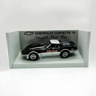 Limited Edition Chevrolet Corvette 1978 Pace Car Model: Black color. Authentic Precision Crafted, 1:24 scale die-cast replica of original car. Includes box. Dimensions of box: 13"L x 6."W x 6"H. Model car attached to base. Official Pace Car. Modeled from 6