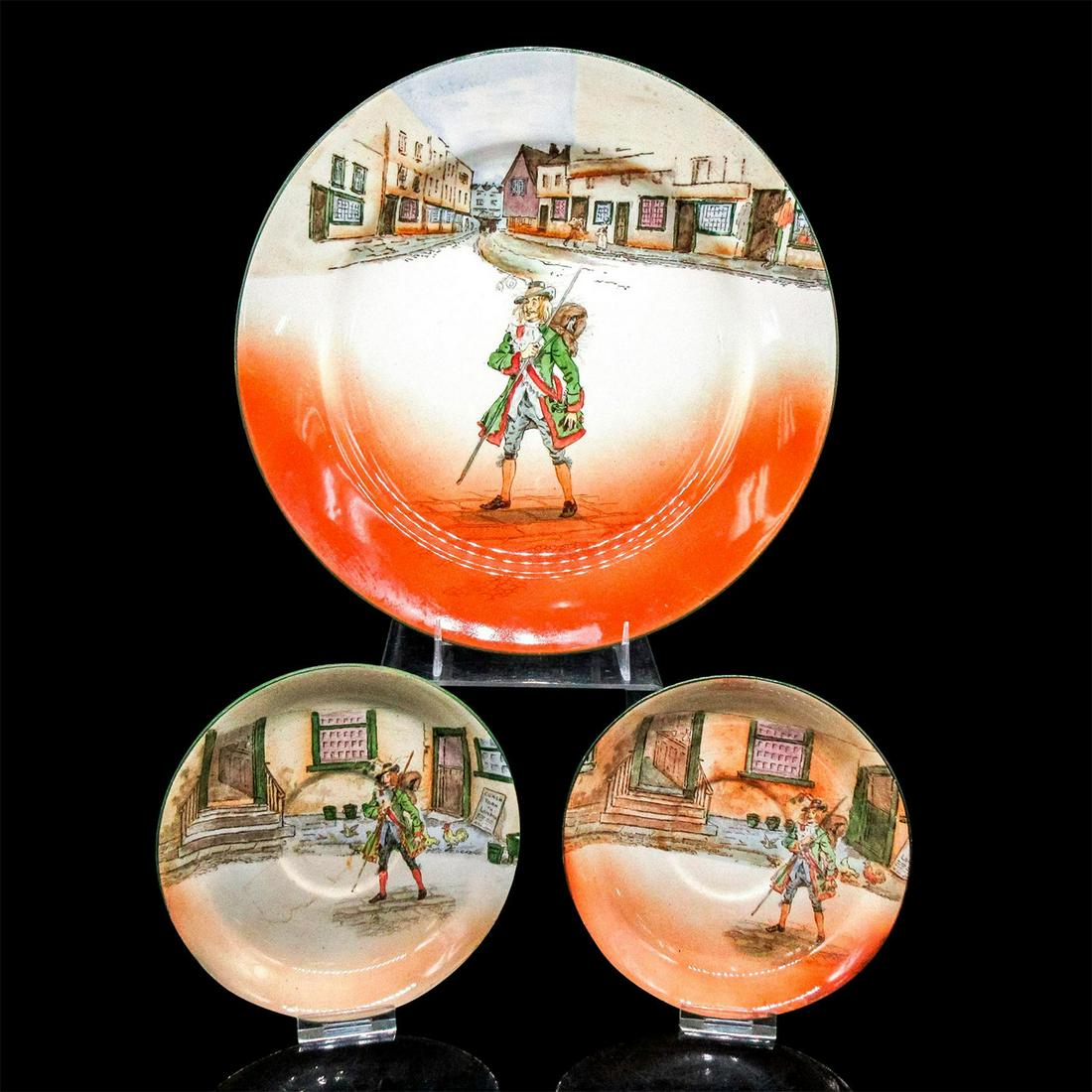 3pc Royal Doulton Dickens Plate and Saucers, Barnaby Rudge: Series Ware depicting the Charles Dickens character Barnaby Rudge. Includes a dinner plate and two saucers. Royal Doulton Dickens Ware backstamps. The dinner plate is 10.25" diameter. The saucers are