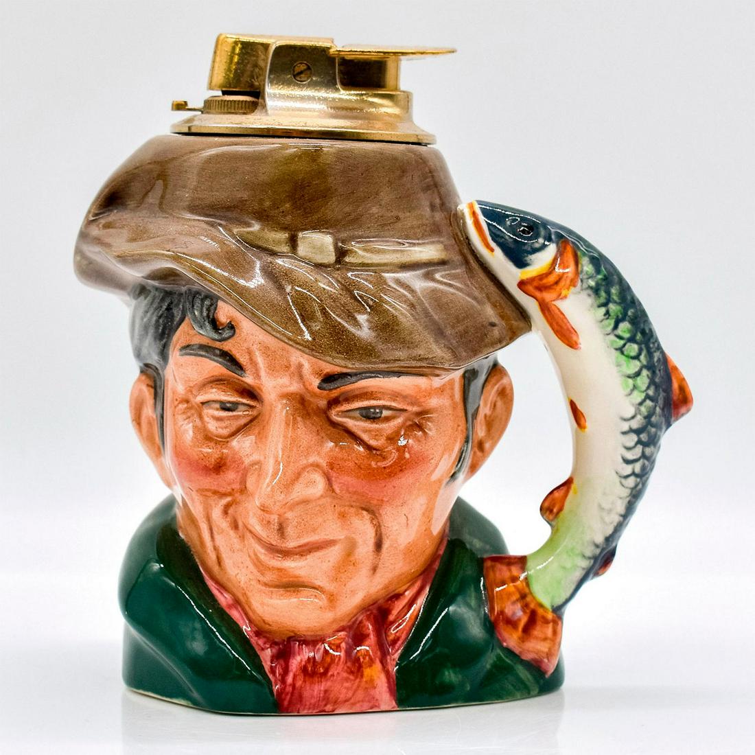 Poacher D6464 - Lighter - Royal Doulton: Green coat; red scarf; light brown hat. A sly and devious character, the elusive poacher uses the dark cover of night to go about the business of illegal fishing. Royal Doulton backstamp. Base mismark