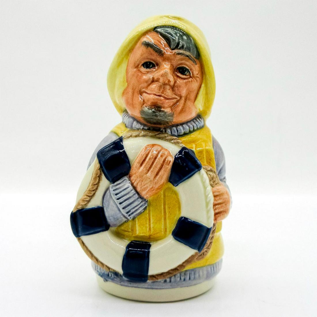 Len Lifebelt the Lifeboatman D6811 - Royal Doulton Toby Jug: Yellow life jacket and sou'wester; blue sweater; white life preserver. Series: The Doultonville Collection. Royal Doulton backstamp. Artist: William K. Harper Issued: 1989-1991 Dimensions: 4"H Manufac