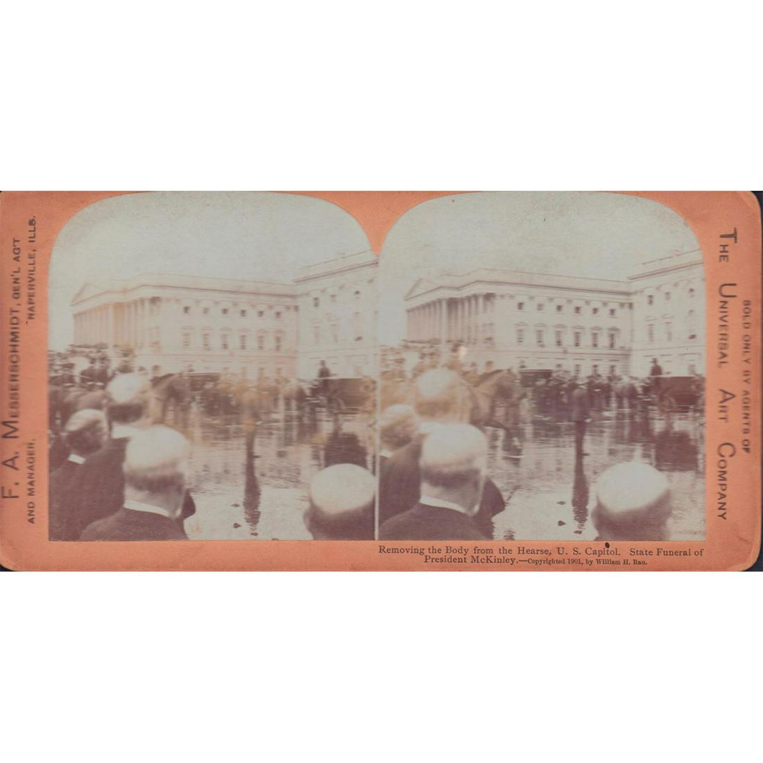 2pc Universal Art Company Photos, William McKinley's Funeral: Black and white stereoscope photos; the removal of President McKinley's body from the hearse. Board size: 7in x 3.5in. Sight size: 6in x 3.25in. Details of the studio on the left and right of the 