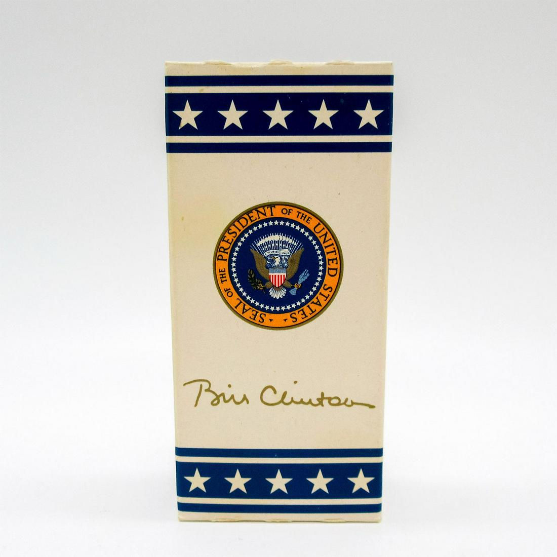 Bill Clinton Presidential M&M's Sealed Box: Political memorabilia; chocolate candy box with the presidential seal and Bill Clinton's signature. Commemorative pack of red, white, and blue-colored chocolate candy. Manufacture mark on the side