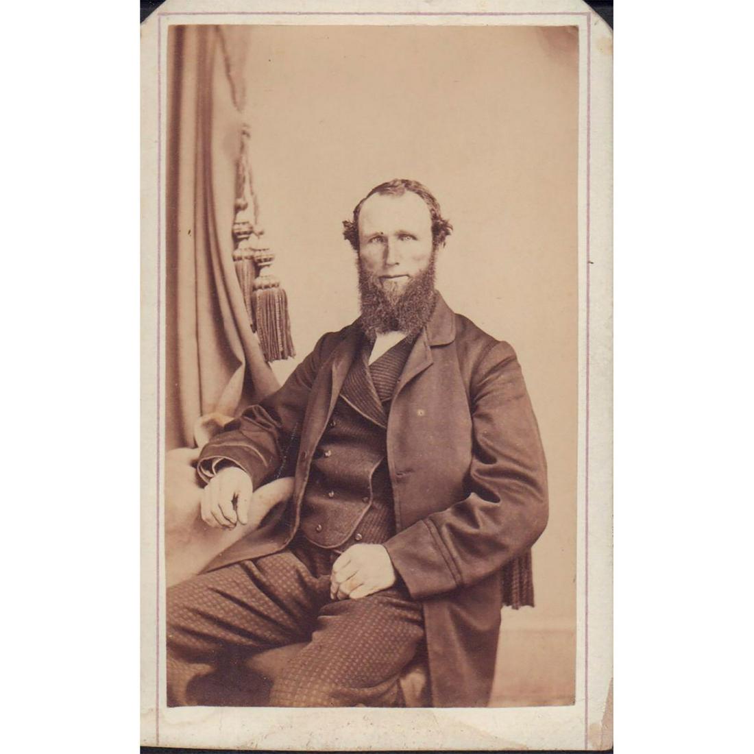 Antique Frank Edsall Photographer, Carte De Visite, Man: Portrait of victorian man with beard, sitting in pose position. Frank Edsall Photographer Goshen, N. Y.” on verso of card. Artist: Frank Edsall Dimensions: 2.5"W x 4"H Country of Origin: Goshen,