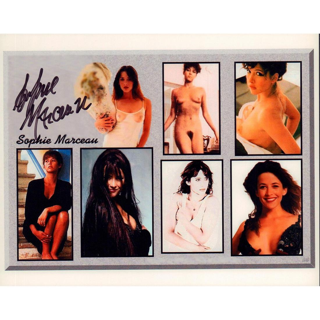 Vintage Color Photograph Collage, Sophie Marceau, Signed: Certificate of Authenticity included. Contains nudity. Featuring autographed glossy photo of French actress who became an international film star. She has appeared on more than 300 magazine covers wor