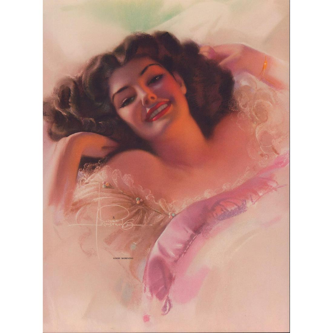 Rolf Armstrong Art Print, Good Morning: Featuring dreamy brunette laying in bed wearing creamy lace with pink silk edged comforter. Title of artwork printed lower left. Housed with board and wrapped in protective plastic, measuring: 20"