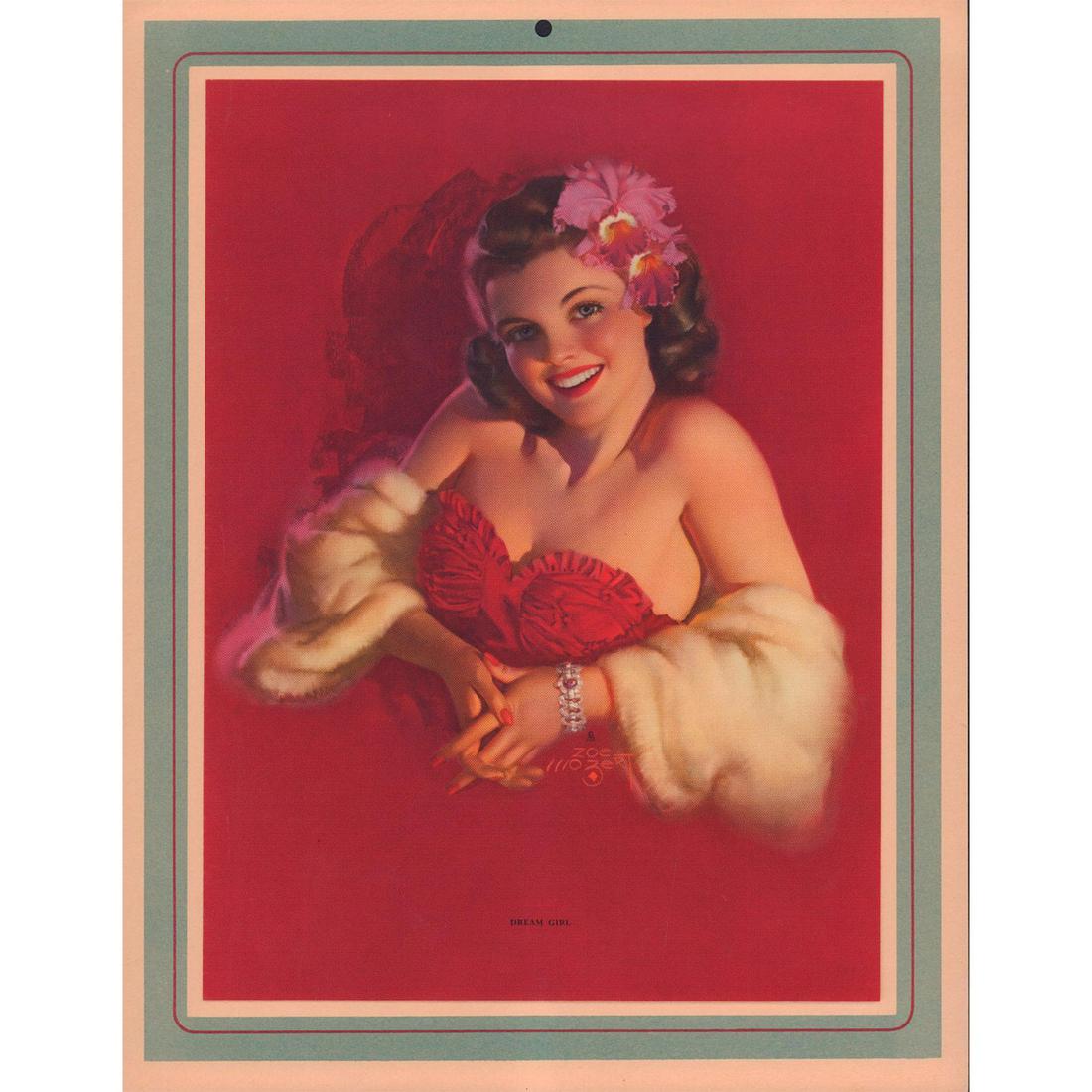 Zoe Mozert 1940s Vintage Poster, Dream Girl: Reproduction of lovely and attractive blue eyed glamour girl brunette with pink toned corsage flower in her hair as she wears cream toned fur stole. Background is burgundy toned as well as custom line