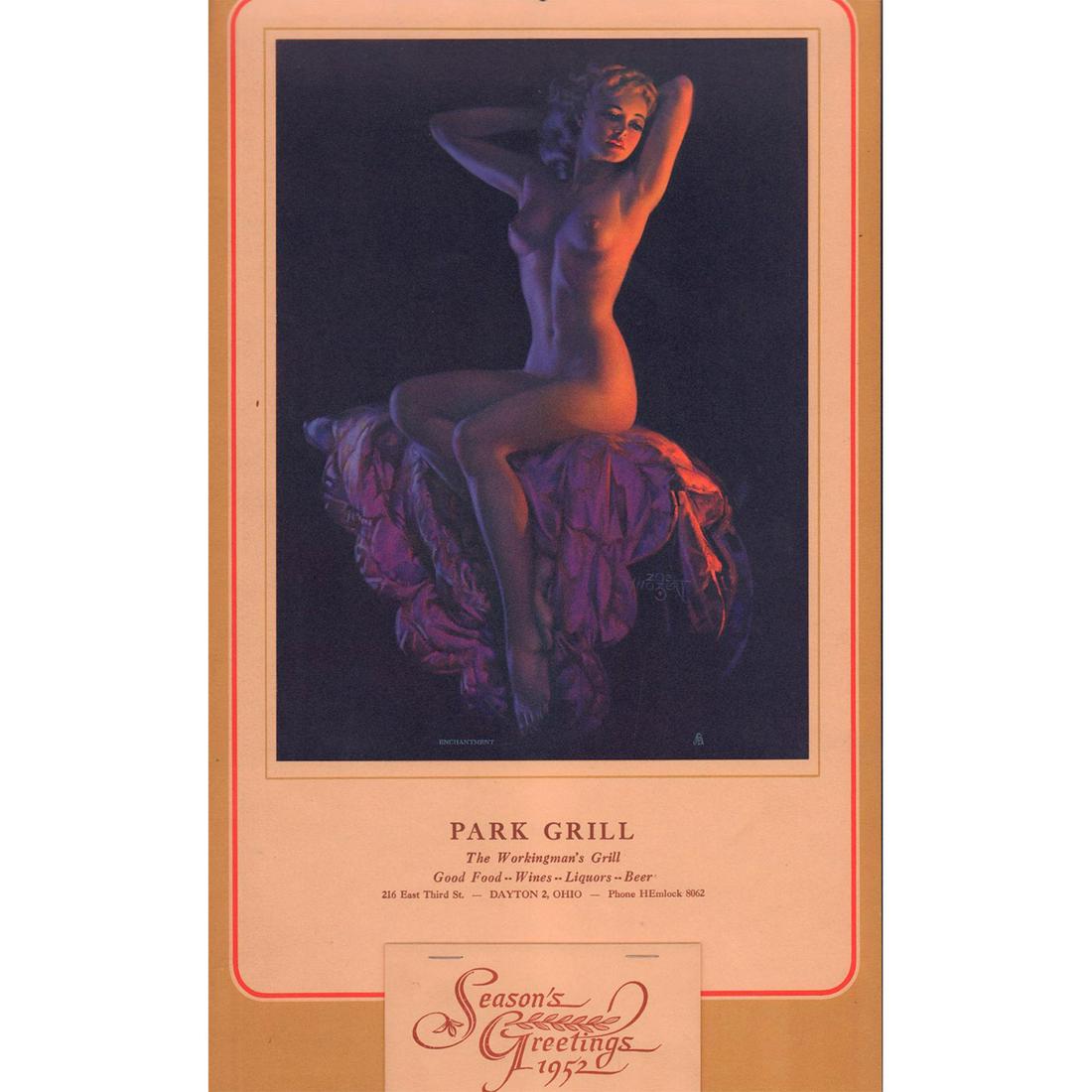 Zoe Mozert '52 Pin Up Calendar Girl Art Poster, Enchantment: Featuring nude woman stretching. Purple tones throughout. Calendar art for Park Grill located in Dayton, Ohio. Season's Greetings and year of 1952 printed lower center. Title of art located center