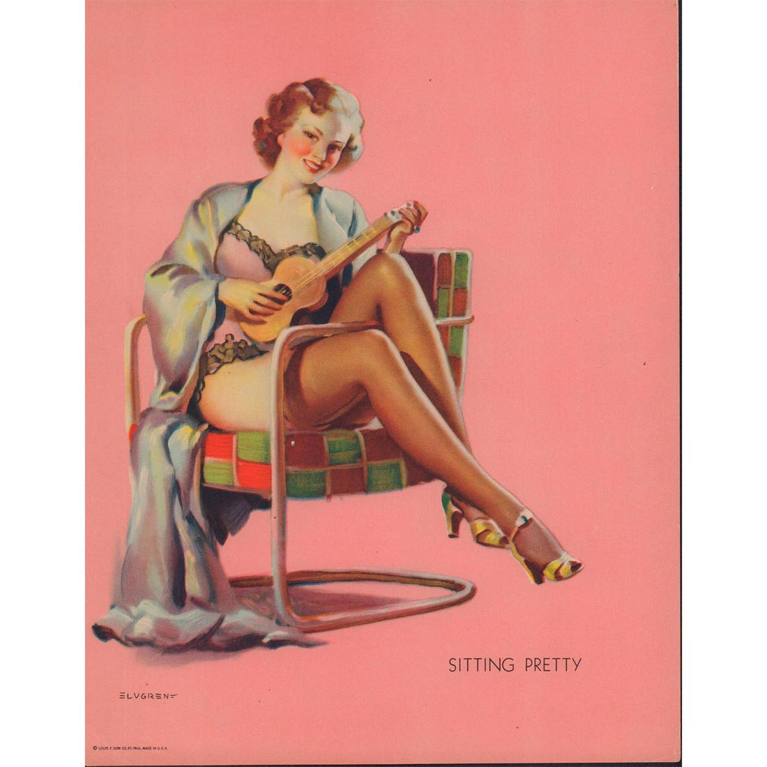 Gil Elvgren Fine Art Print, Sitting Pretty: Featuring a pretty smiling lady dressed in lacy negligee and silk robe while sitting sideways in a chair and holding a ukulele. Peach tone background. Artist: Gil Elvgren Issued: 1937-1977 Dimensions: