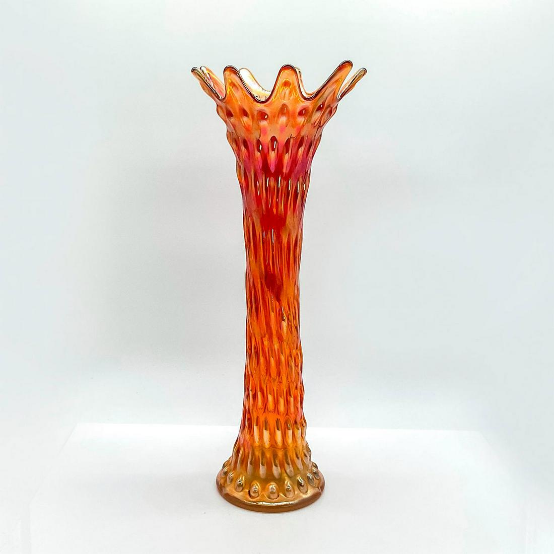 Vintage Fenton Marigold Carnival Glass Vase: Tall iridescent orange glass vase with stretched ovals design in low-relief. Dimensions: 5.75"L x 5.75"W x 15.5"H