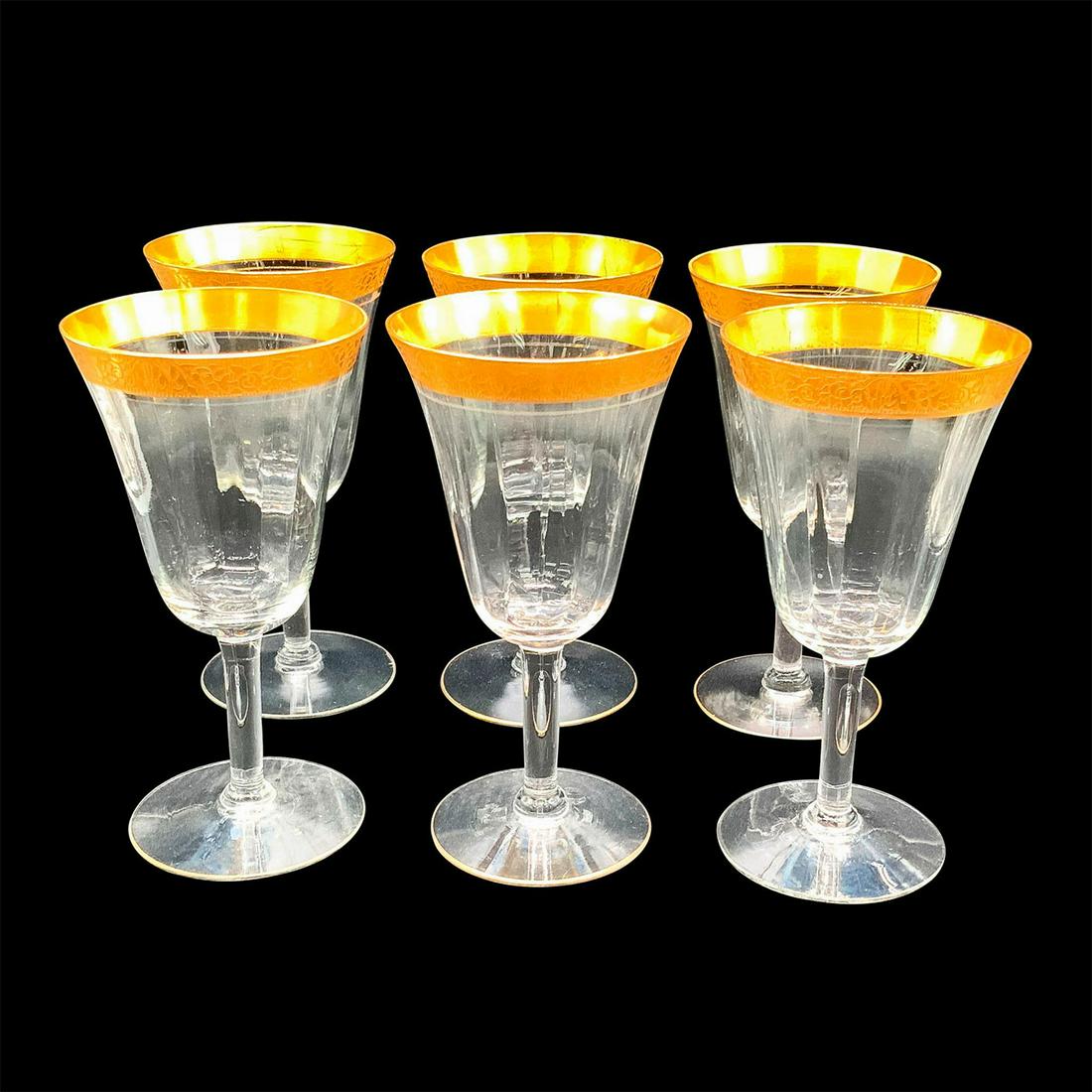 6pc Vintage Gilt Wine Glasses Set: Elegantly decorated with gold gilt floral border to rim. Dimensions: 3.5"L x 3.5"W x 6.75"H