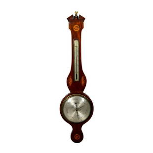 Vintage Thomas Sheraton Style Marquetry Inlaid Barometer: English mahogany case with curl veneer and marquetry shell inlay. Dimensions: 10"L x 38"H