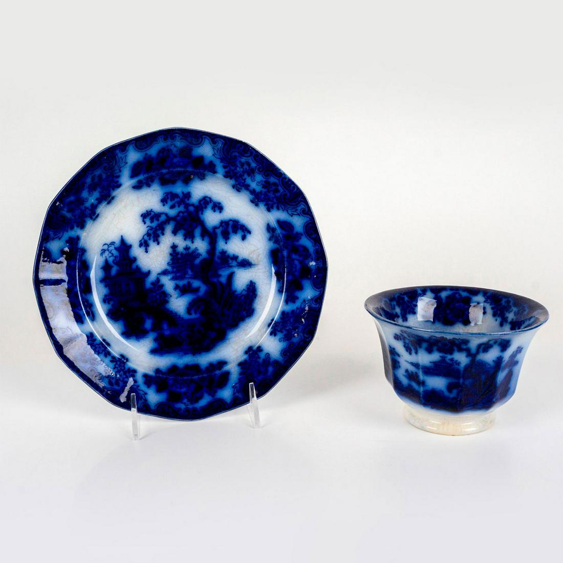 2pc J.F. and Co. Ironstone Flow Blue Shanghae Plate and Vase (1 of 4)