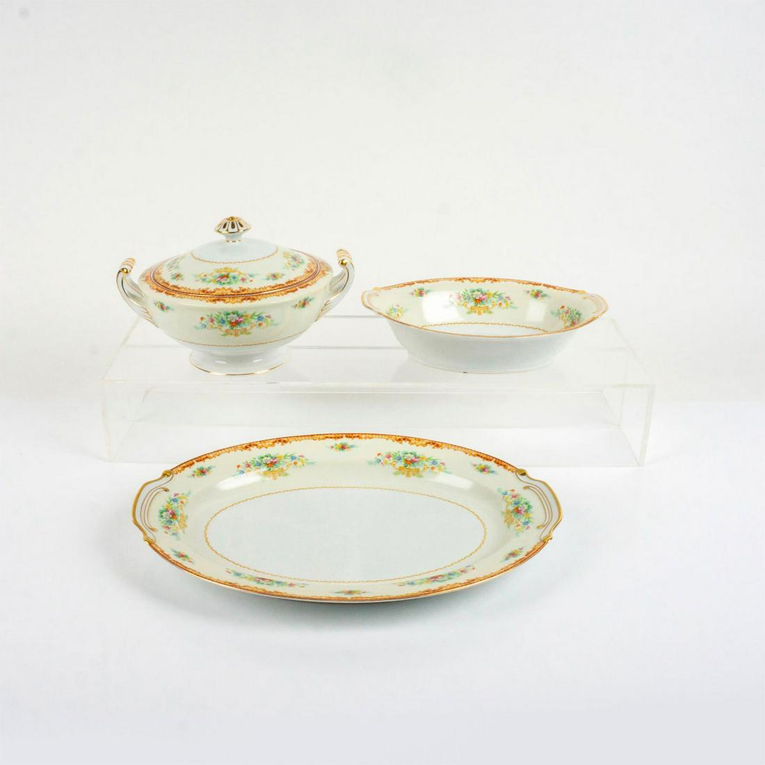 3pc Adline Porcelain Serveware: Serving dishes in colorful motif with pink, purple and yellow flowers; red and yellow regal borders. Adline China backstamp. Serving platter 16€L x 11.75€W x 2€H, serving dish 11€L x 7.75€W