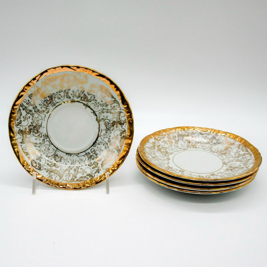 5pc Vintage Bavaria Bone China Bread and Butter Plates: White bone china with gilded gold rims and floral designs. Bavaria gold crown backstamps. Dimensions: 5.5" Diameter Manufacturer: Bavaria Country of Origin: Germany