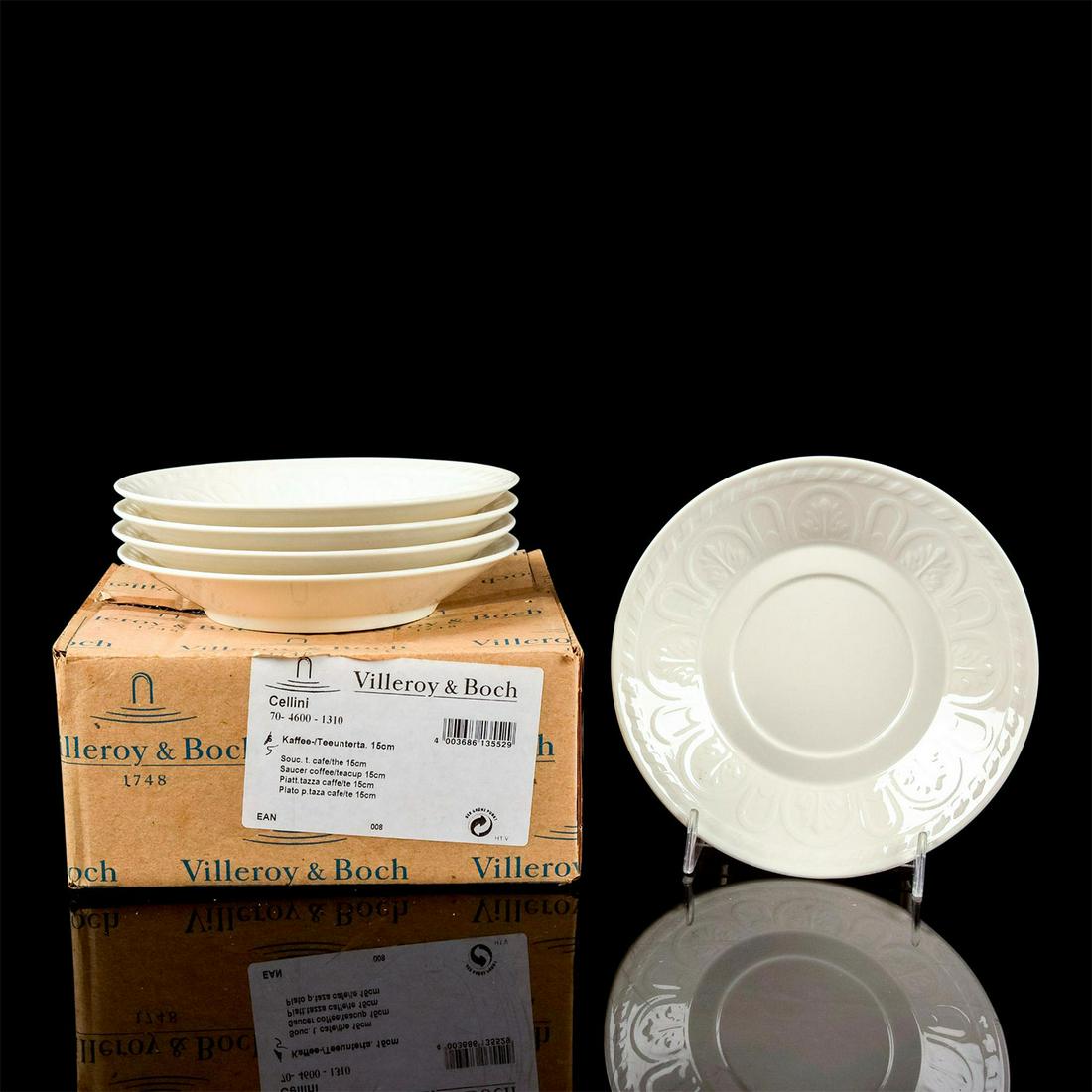 5pc Villeroy & Boch Cellini Saucers: Chateau Collection; inspired by Italian Renaissance artist Benvenuto Cellini. Architectural pattern in low relief. Villeroy & Boch backstamp. Box size - 3.5"H x 7.25"W x 7.25"L. Issued: 20th c. Dimens