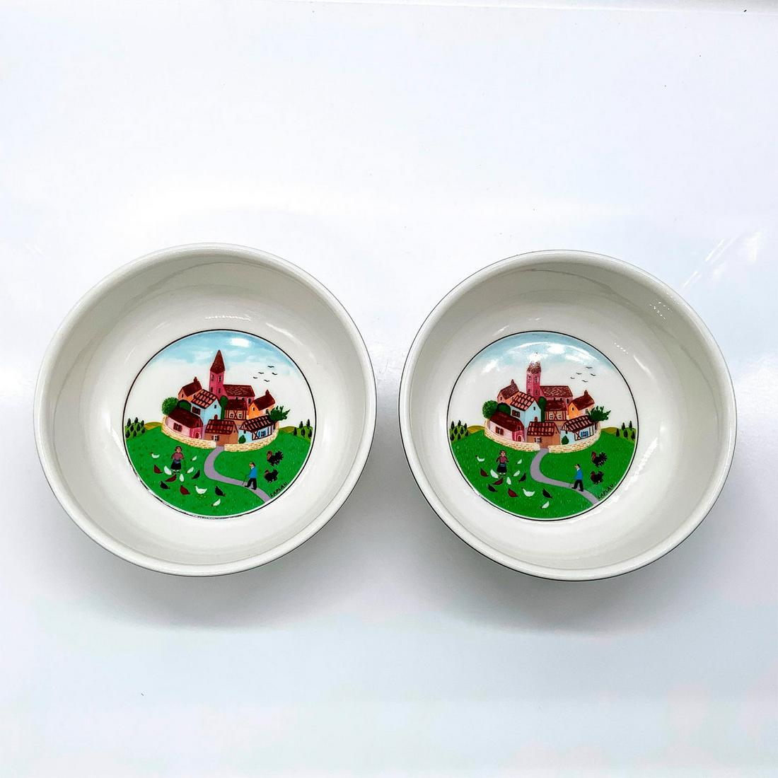 Pair of Villeroy and Boch Soup/Cereal Bowls, Design Naif: Part of the Country Collection. Depicts charming scene of village and rural life. Villeroy and Boch backstamp. Fine china. Artist: Gerard LaPlau Issued: 1983- Dimensions: 2"H x 5.25"Dia. Manufacturer: