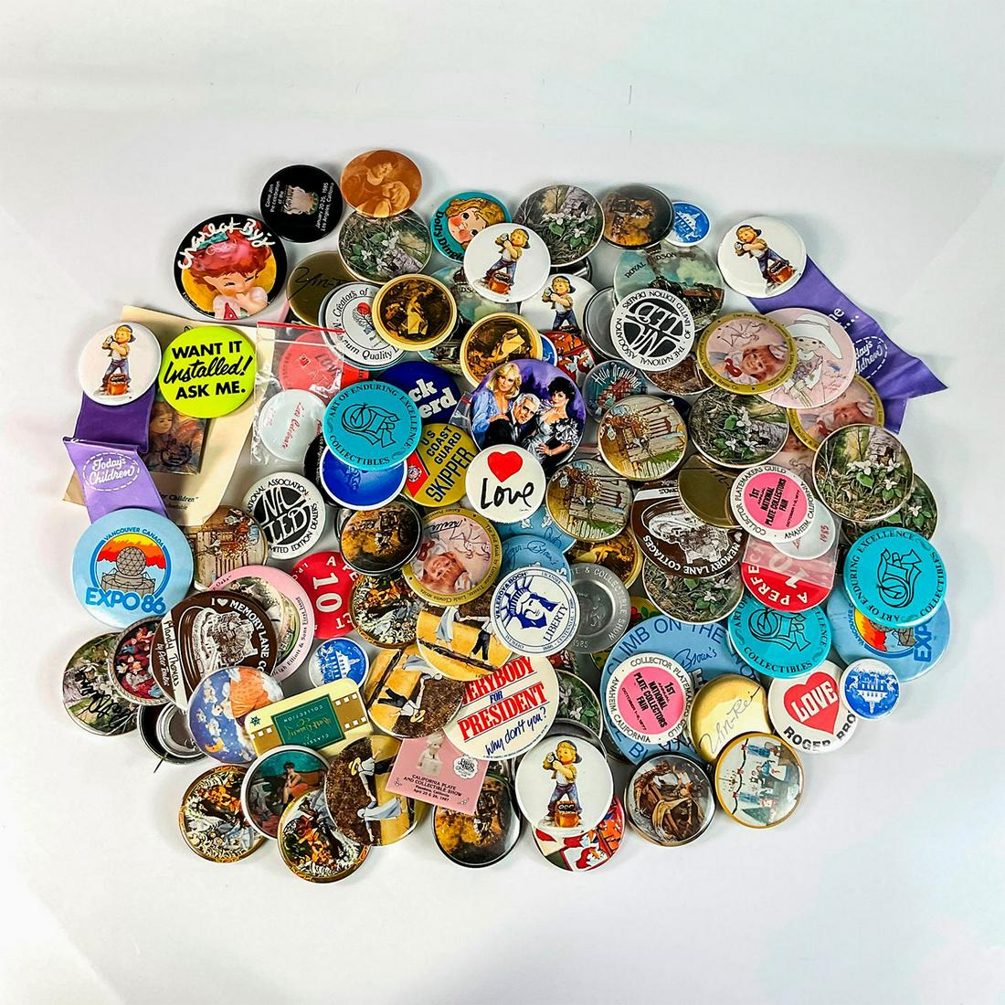 120pc Lot of Collectible Pin-back Buttons, Variety: Pin-back buttons of various sizes, images and organizations. Smallest is 0.75" diameter, Largest is 4" diameter. Issued: 20th c.