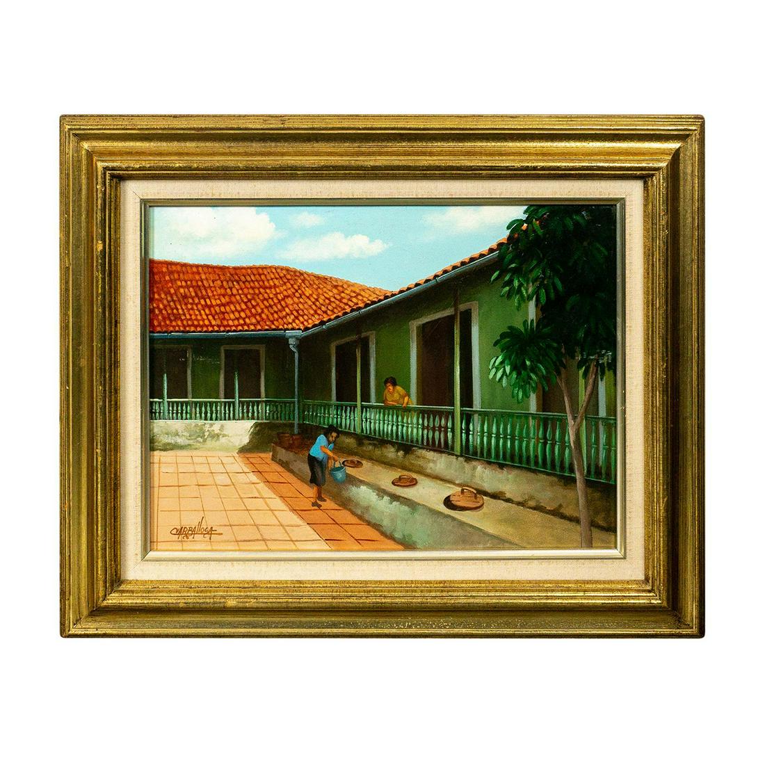 Signed Julio Carballosa (Cuban, 1919-2012) Oil Painting: Finely finished genre oil painting on canvas with an eye-catching complimentary color palette. Depicts two women completing their chores in the tiled courtyard of a green house. Artist signature to lo