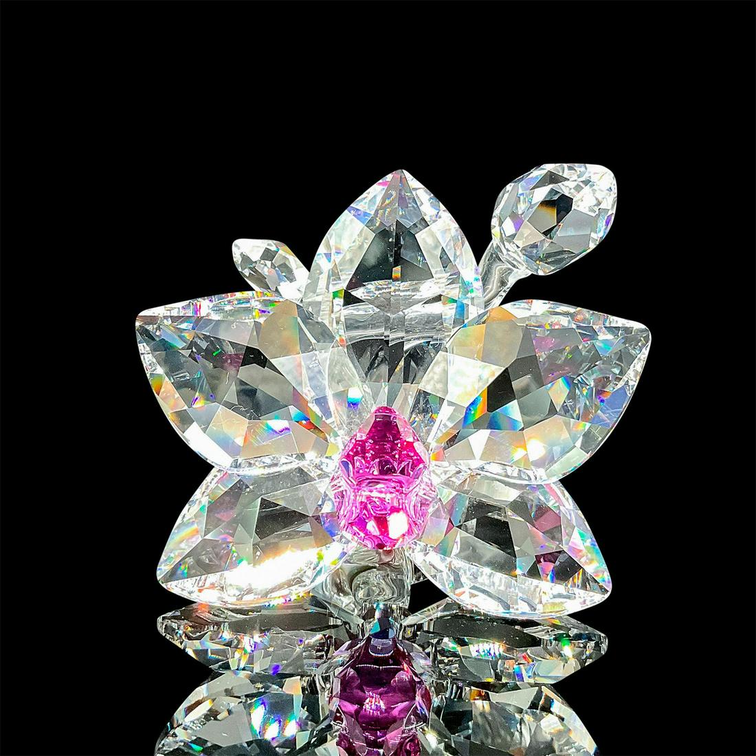 Swarovski Crystal Figurine, Orchid Blossom 864464: Part of the In The Secret Garden series. Lead crystal figural single bloomed orchid flower with an elegant pink centre complementing the blossom. Swarovski etched backstamp. This item has its original