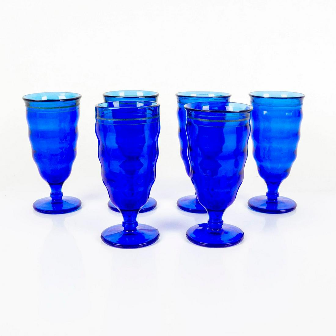 6pc Smith Glass Footed Tumblers, Mt Pleasant Cobalt Blue