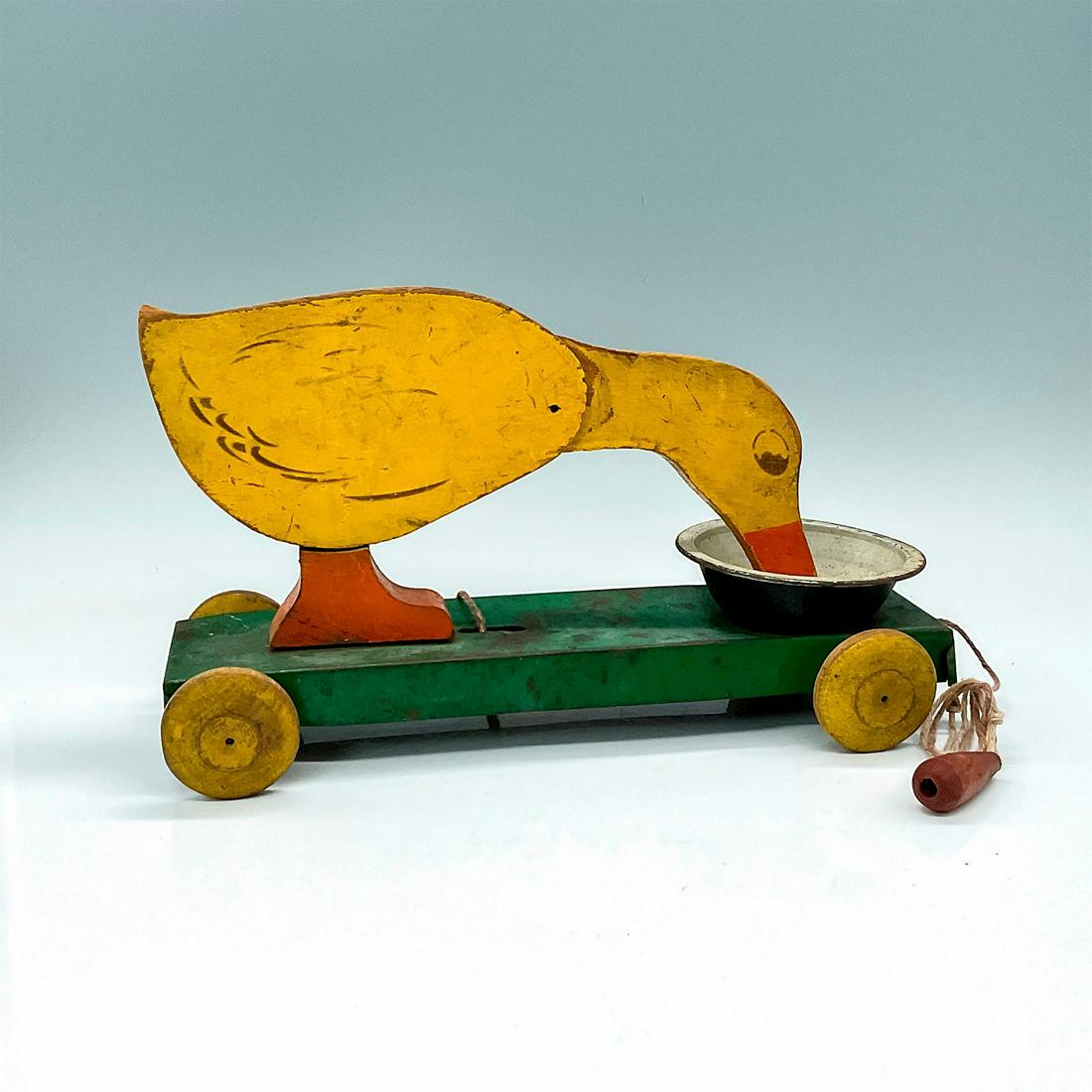 Early Pull Toy Duck Ringing Bell Bowl Wood and Metal (1 of 3)