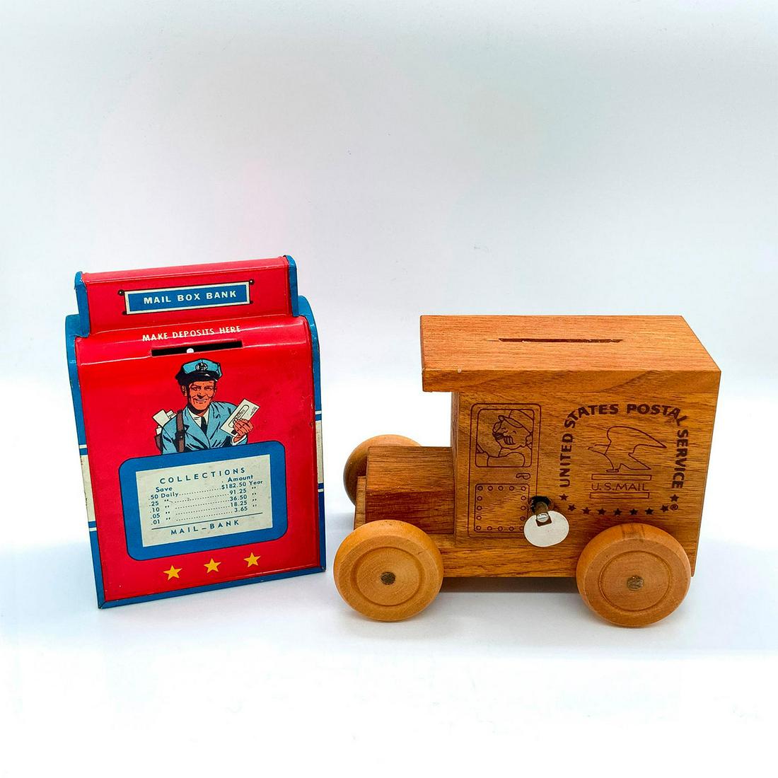 2pc US Postal Service Money Bank/Music Box and Mail Box Bank: Includes: one wooden US Post Office truck coin bank and music box; and one metal Mail Box Bank, in red, white, and blue coloration by Ohio Art. Dimensions of truck: 6 in. L x 3.25 in. W x 4.5 in. H.