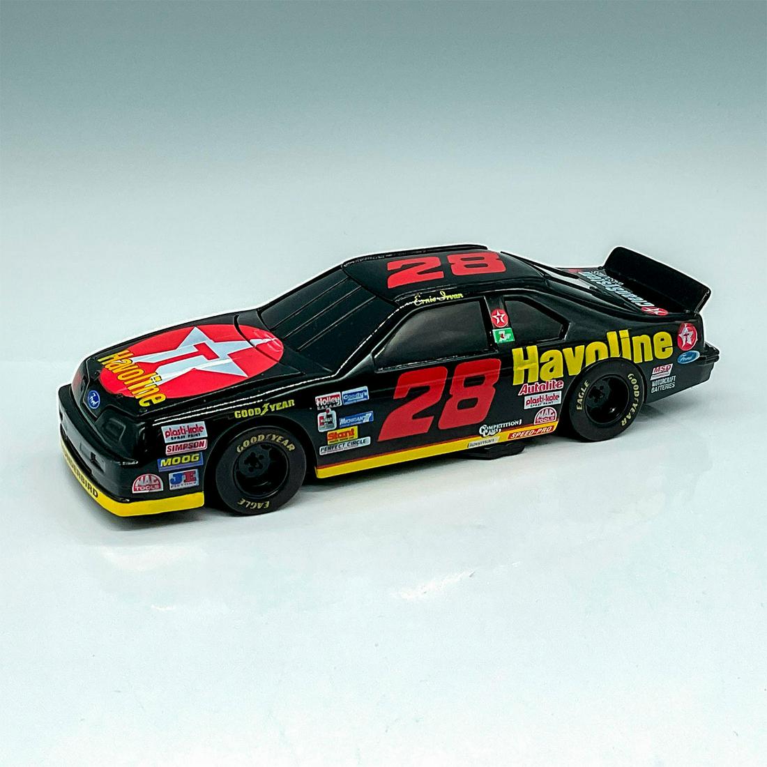 Ford Thunderbird Stock Car Bank 28 Ernie Irvan: This replica of the Robert Yates Texaco-Havoline race car represents one of the cars on the Winston Cup Circuit. Diecast metal coin bank with key to open the bottom coin slot. This item has its origin