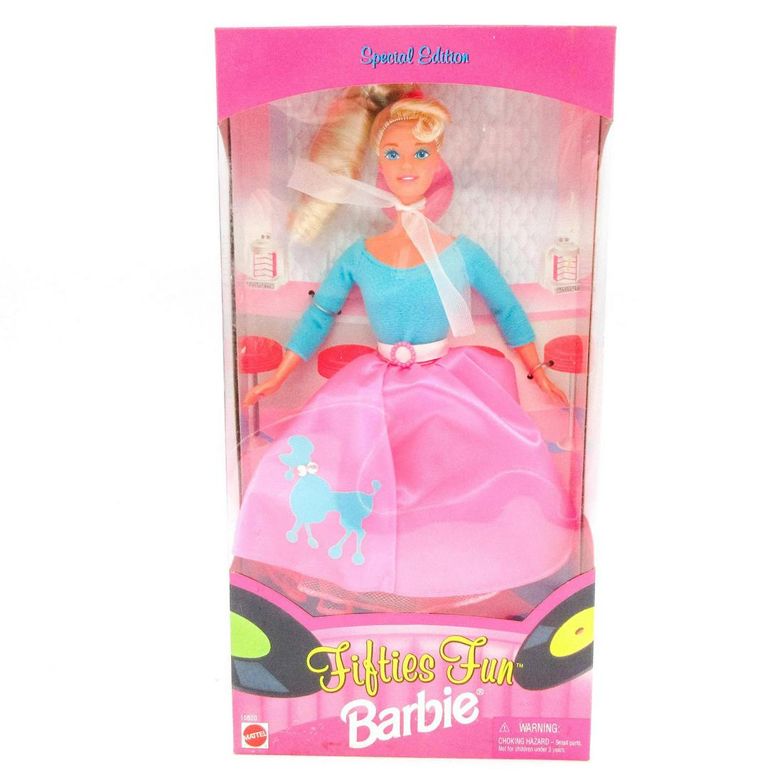 Mattel Barbie Doll, Fifties Fun: Special Edition. Featured wearing a pink skirt and blue bodysuit. Comes with shoes and brush. Model number: 15820. Comes in unopened original box. Dimensions of box: 6.5"L x 2.5"W x 13"H. #Barbie #Mat