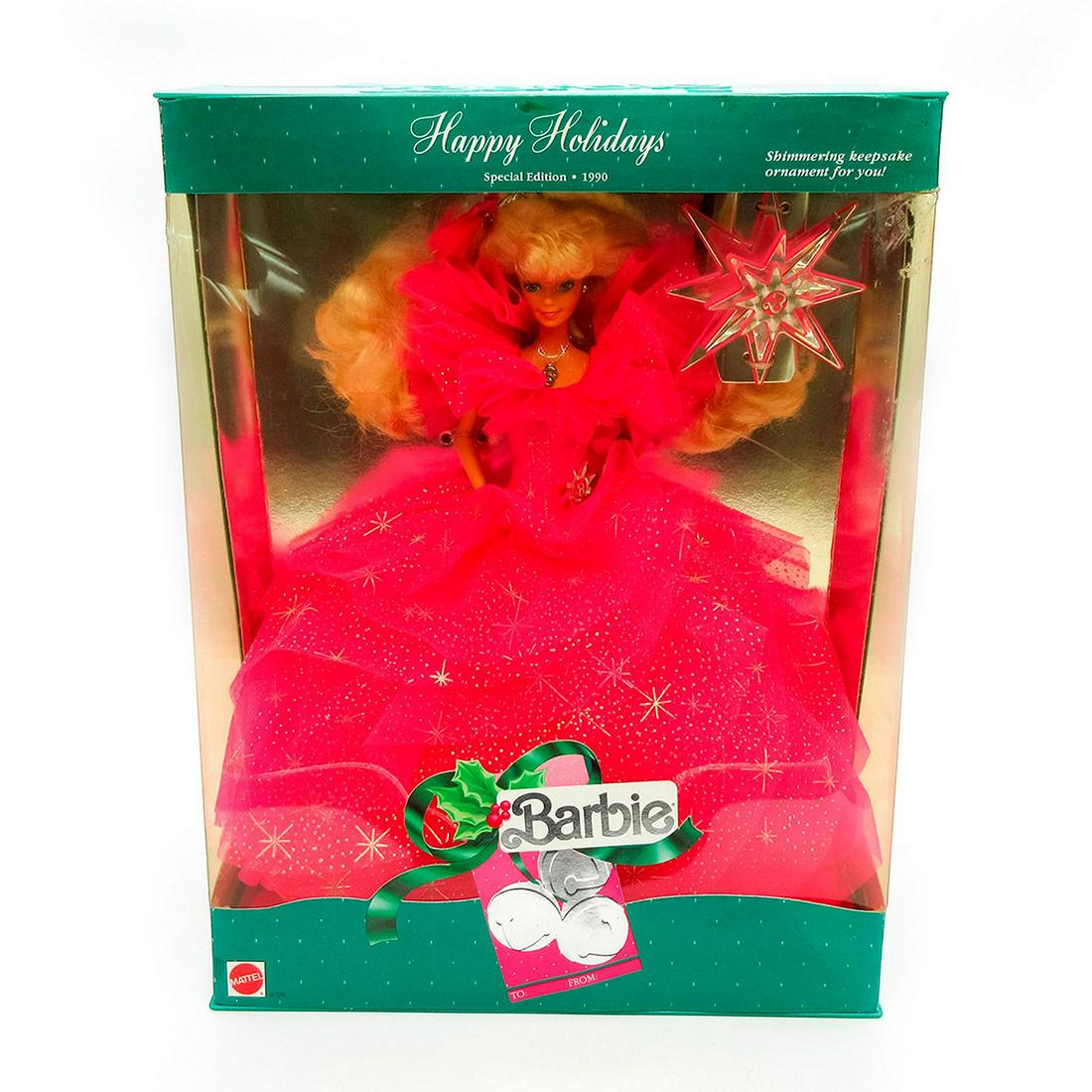 Mattel Barbie Doll, Happy Holidays 1990: Special Edition. Featured wearing gown with starry sparkle, necklace, earrings, ring, hairbrush, shoes, doll stand, poster, and shimmer-shine star ornament. Model number: 4098. Comes in unopened origi