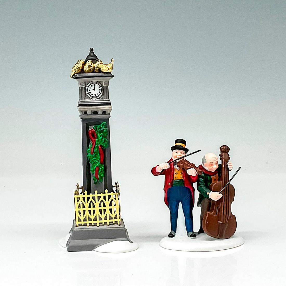 Department 56 Figurine, Four Calling Birds: Two separate piece, one is gray clock tower with gold colored bird on top. The other figure is two older gentleman playing a violin and cello. The larger item's dimension: 2"H x 1.75"W x 4.75"H. This