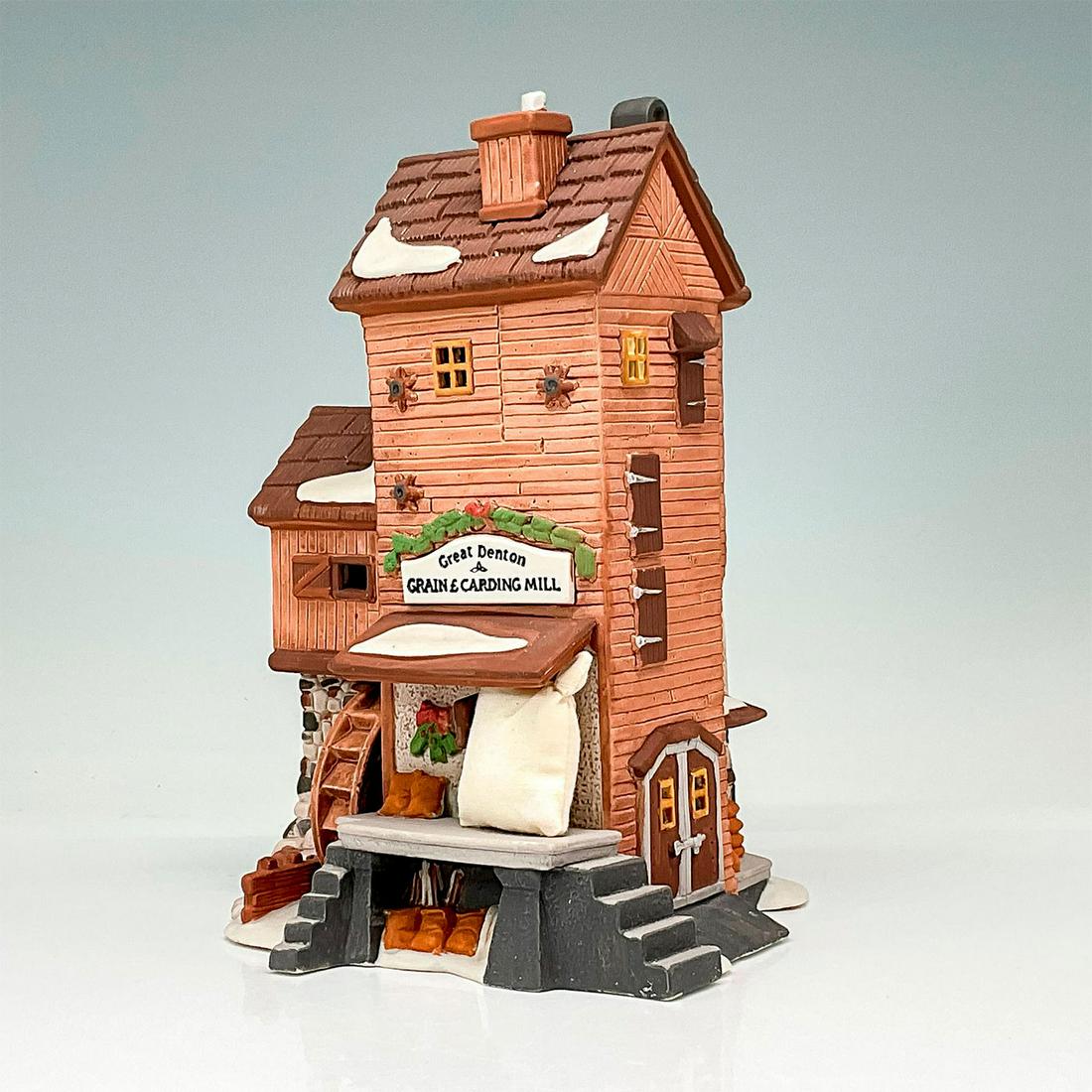Department 56 Figurine, Great Denton Mill: This figure depicts an old fashioned mill made out of wood with multiple stories. This item has its original box. The box's dimensions: 8.5"L x 7.5"W x 9.5"H. Issued: 1993-1997 Dimensions: 6"L x 5.75"