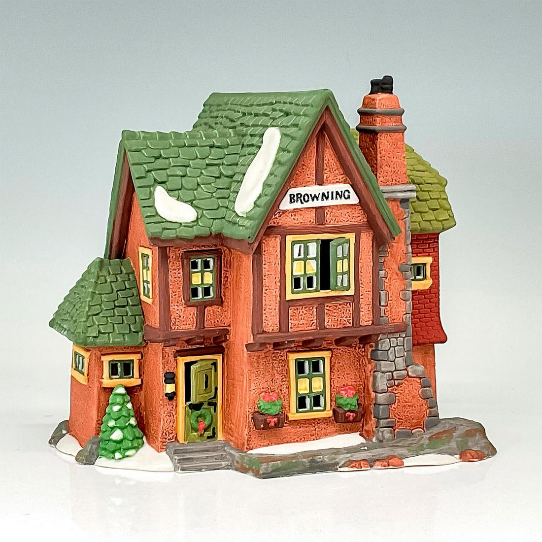 Department 56, Browning Cottage: A rustic clay colored cottage during the winter. This item has its original box. The original box's dimensions: 10.5"L x 6.5"W x 7.75"H. Issued: 1994-1997 Dimensions: 6.75"L x 5.75"W x 6.5H Manufactur