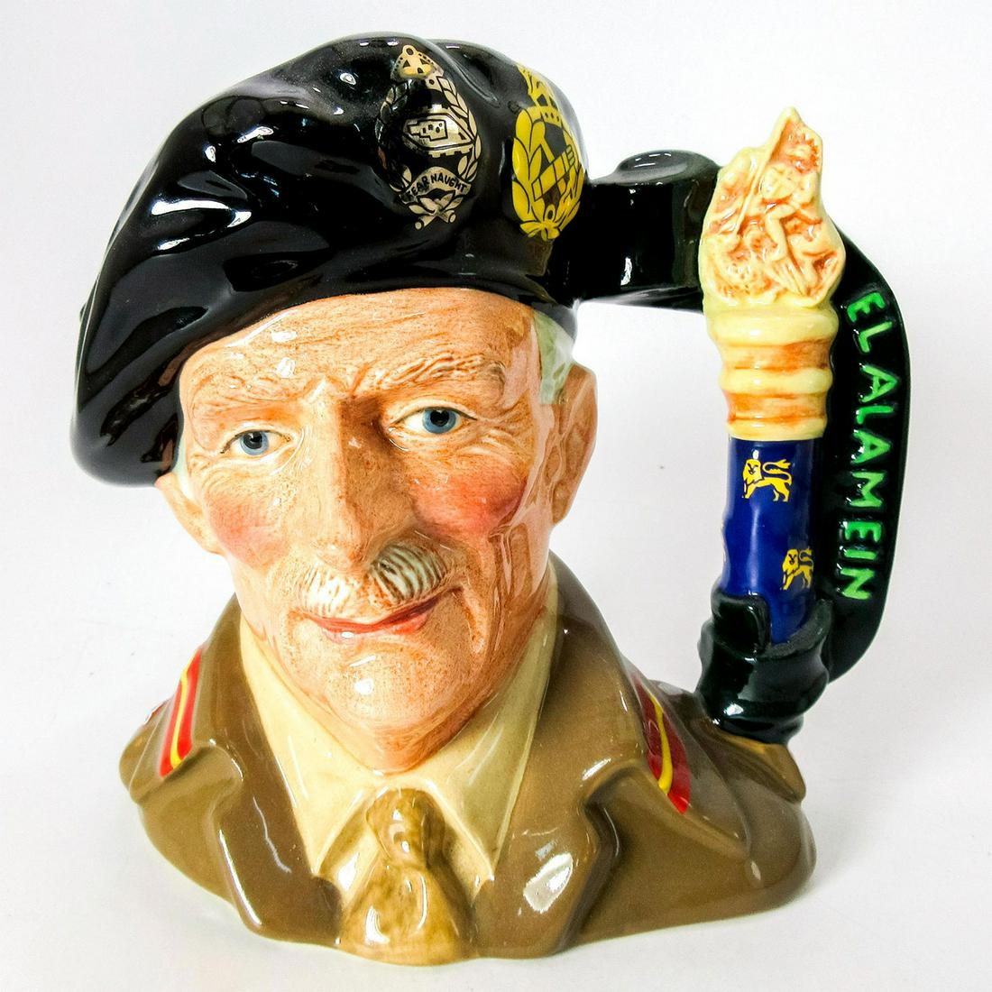 Field Marshal Montgomery D6908 - Large - Royal Doulton Character Jug: Black beret, khaki uniform, purple and cream baton. Limited edition number 66 of 2500 pieces. Issued for the 50th anniversary of Montgomery's victory over Rommel in North Africa in 1942. Royal Doulton