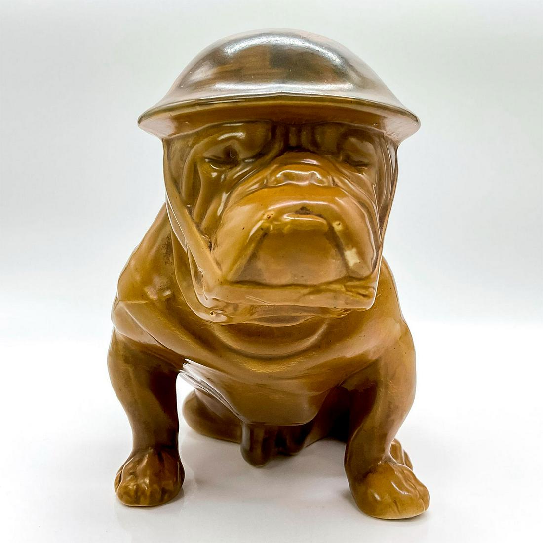 Royal Doulton Bulldog Figure, Old Bill HN146: Large size, modeled as a bulldog wearing a helmet and haversack. This piece was based on a character by Captain (Charles) Bruce Bairnsfather, who was a prominent British humorist and cartoonist during