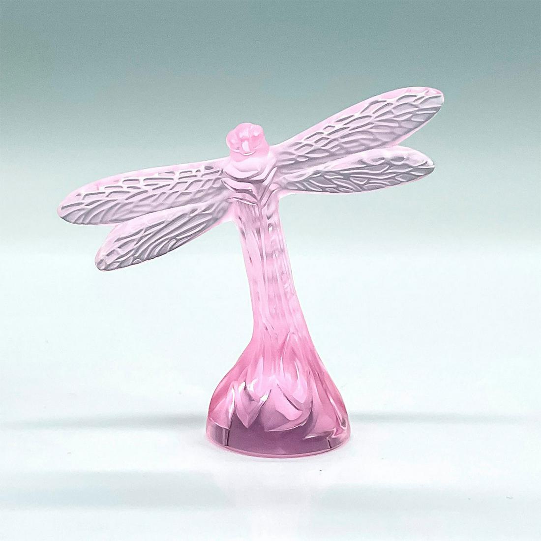 Lalique Satin Crystal Figurine, Pink Dragonfly: Elegant satin and clear dragonfly with expanded wings. Lalique France etched on bottom. Includes original box, 7.75"L x 11.5"W x 7.5"H. Issued: 20th c. Dimensions: 4"L x 1.5"W x 3.5"H Manufacturer: La