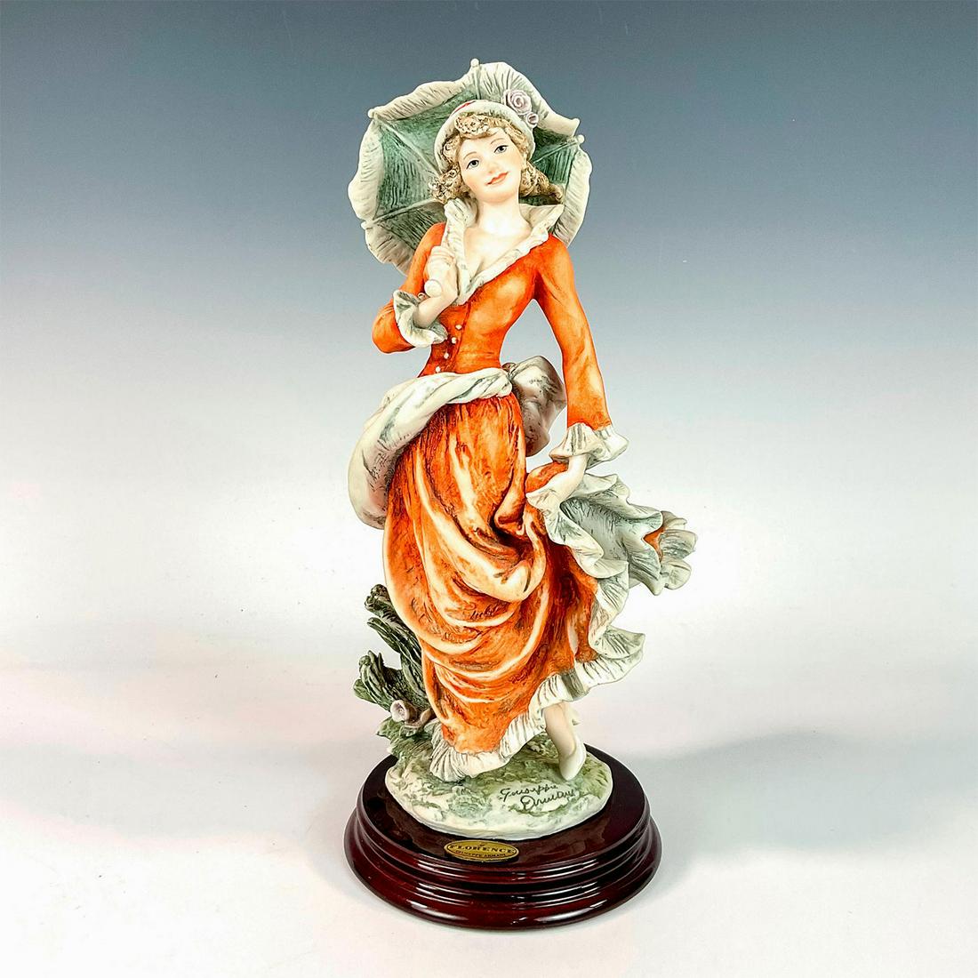 Capodimonte Giuseppe Armani Figurine, Rain Drops: Matte finished figurine modeled as woman in billowing frilly orange dress with green parasol. Fixed to round dark wood base. Giuseppe Armani impressed to base and Capodimonte backstamp. Artist: Giusep