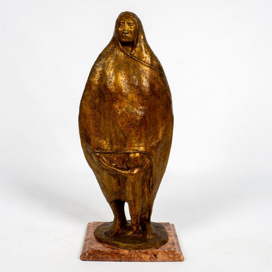 After Francisco Zuniga (Costa Rican/Mexican, 1912-1998) Sculpture: Bronze sculpture modeled as mother standing with child hiding behind her robe. Textured surface. Zuniga inscribed to back. Fixed to red marble base. Artist: Francisco Zuniga Issued: 20th c. Dimensions