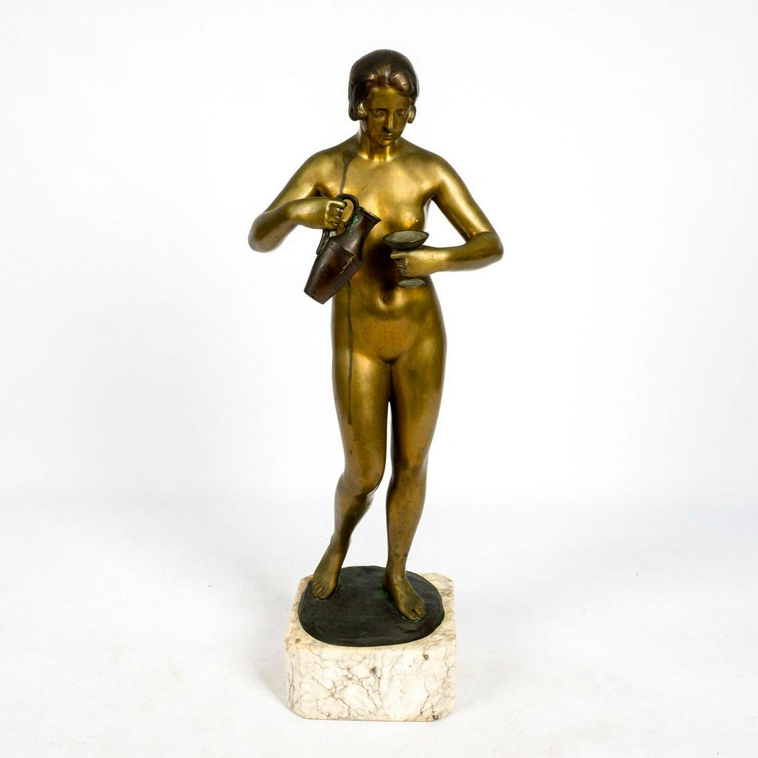 After V. Seifert (Austrian, 1870-1953) Bronze Sculpture: Sculpture of a nude woman pouring water into goblet. Contrapposto stance. Neoclassical style. Cup painted to appear as silver. White marble base. Prof. V. Seifert signed to base. This item has no rese