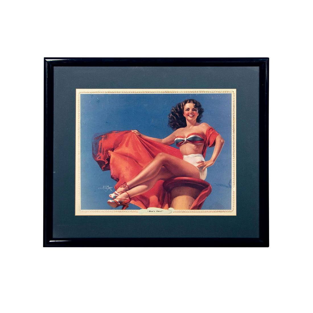 Zoe Mozert (American, 1904-1993) Fine Art Print: Original Vintage Pin Up Fine Art Print of a Girl Sitting on a Pedestal. Titled 'How's This'. Measures 25" x 21.5" including frame.