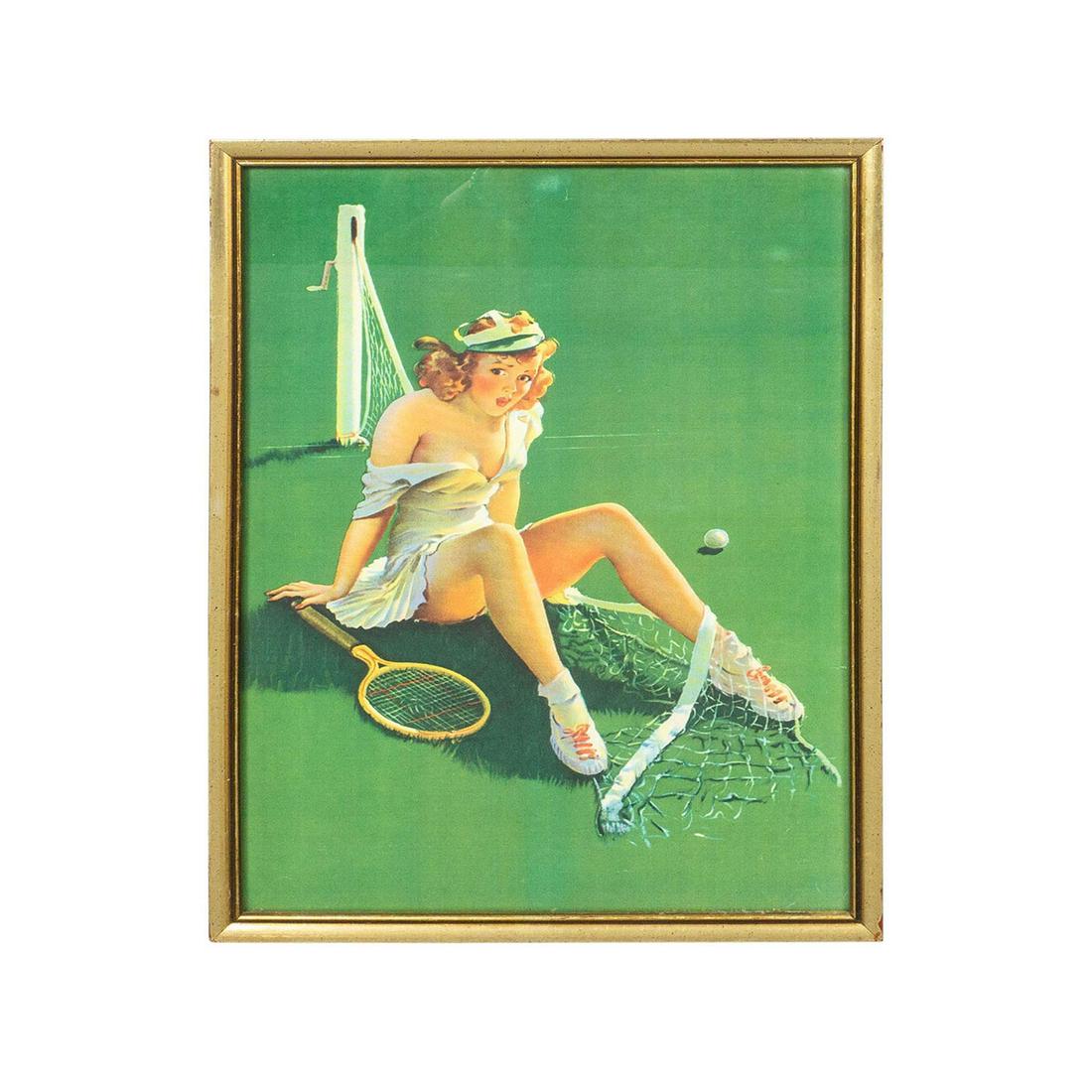 Vintage Framed Art Print, Tennis Pinup Girl: Features seated girl near ripped tennis net with ball and racket nearby. Her shoulder is exposed as she wears a hat and sneakers. Frame size measures 16.75"H x 11.75"W, Sight size measures 15.75"H x 1