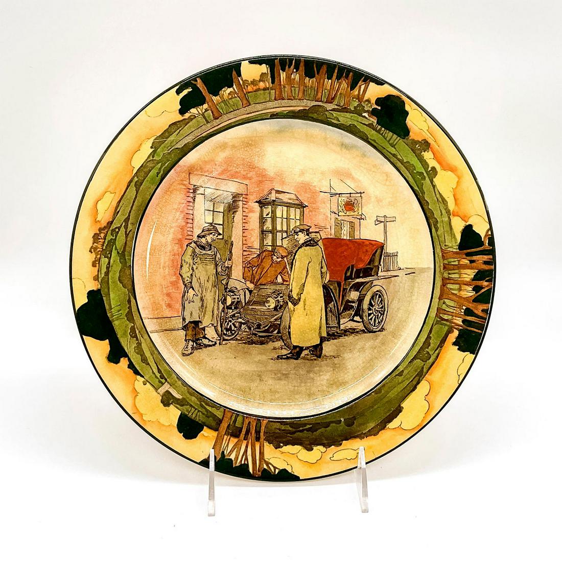 Royal Doulton Motoring Seriesware Plate D2406: Plate with a scene of boys of two motorists, one repairing the vehicle as a local man stops to talk them. Royal Doulton backstamp. Issued: 1905-1928 Dimensions: 1"H x 10.25"dia. Manufacturer: Royal Do