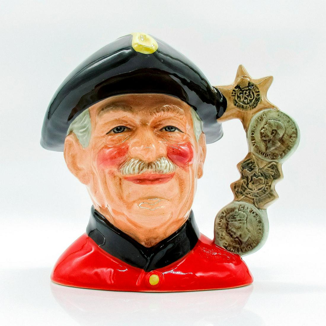 Chelsea Pensioner D6817 - Large - Royal Doulton Character Jug: Black tricorn trimmed with gold; scarlet tunic; black collar. Charles II founded the Royal Hospital for "worthy old soldiers broken in the wars." it was built by Christopher Wren and completed in 1692