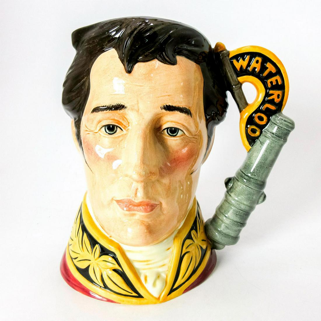 Duke of Wellington D6848 - Large - Royal Doulton Character Jug: Style One. Blue and gold coloration. Arthur Wellesley (1769 - 1852), the first Duke of Wellington, was a British general and statesman. He led the British forces in the defeat of Napoleon at Waterloo 