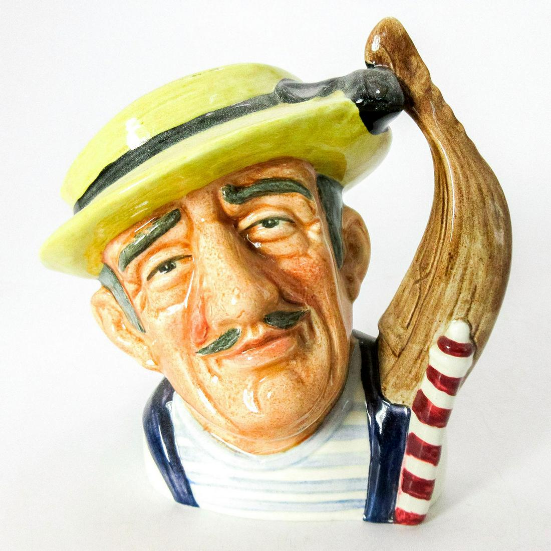 Gondolier D6592 - Small - Royal Doulton Character Jug: Yellow hat; blue and white t-shirt; maroon and white pole. The shallow, long craft the gondolier pilots through Venetian canals must be painted all black, according to ancient law. When not ferrying o