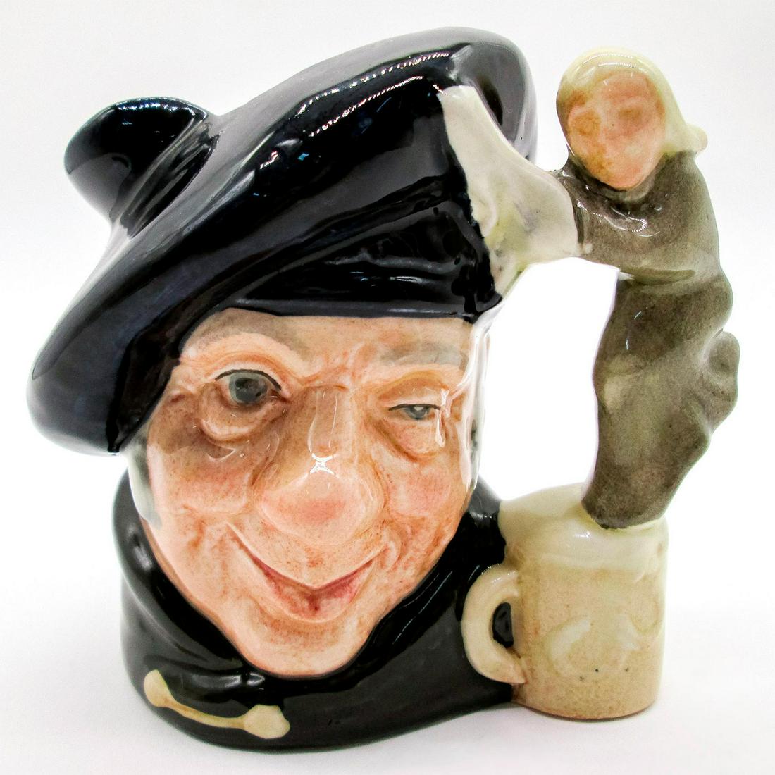 Tam O Shanter D6636 - Small - Royal Doulton Character Jug: Dark blue tam; green cloak. In a poem written by Robert Burns in 1791, Tam O' Shanter is a drunken farmer who happens upon witches who pursue him and his horse. He escapes, but his horse doesn't quite